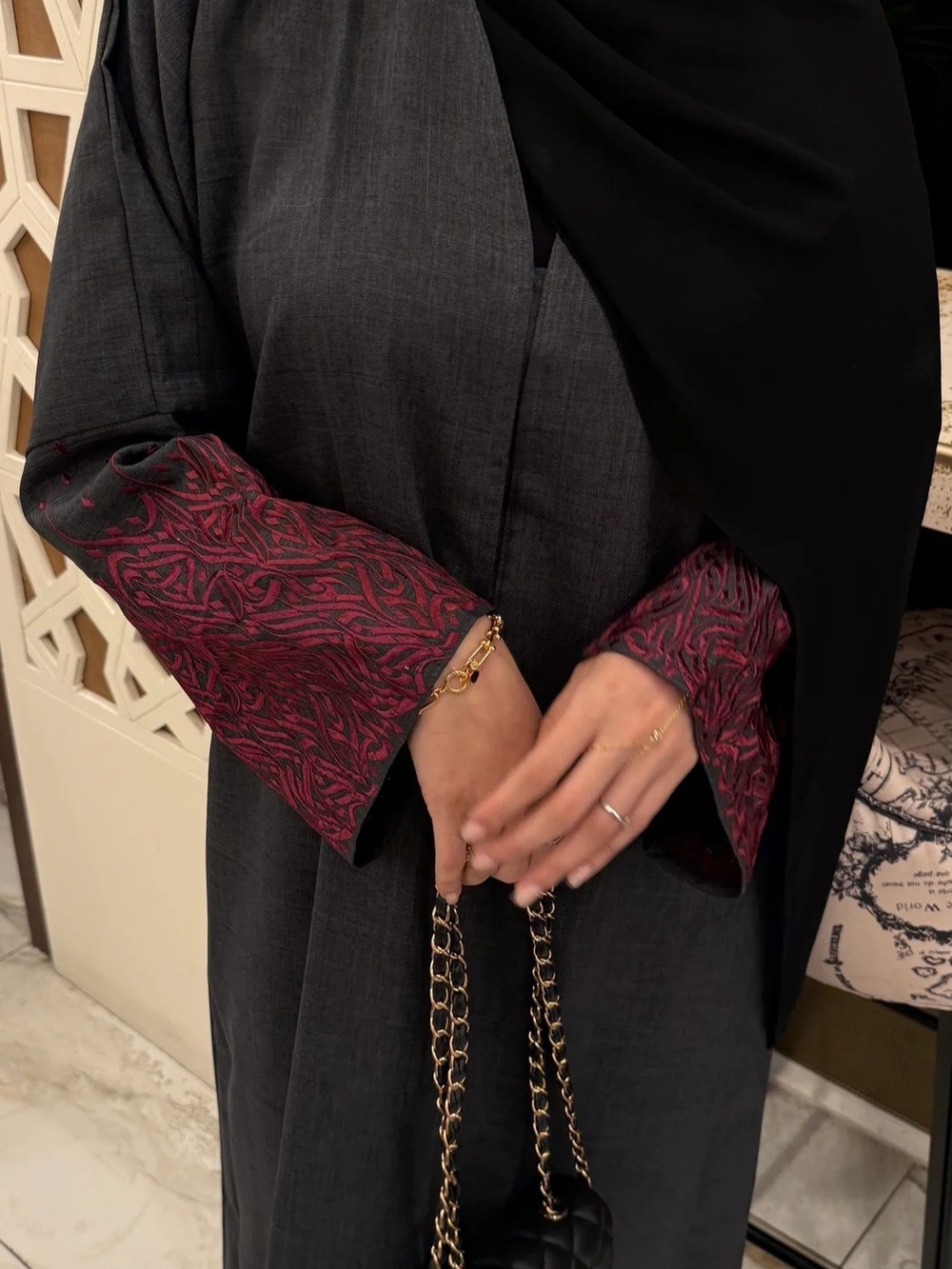 Dark Gray 2 Pc Linen Abaya with And Hijab SIZE 60